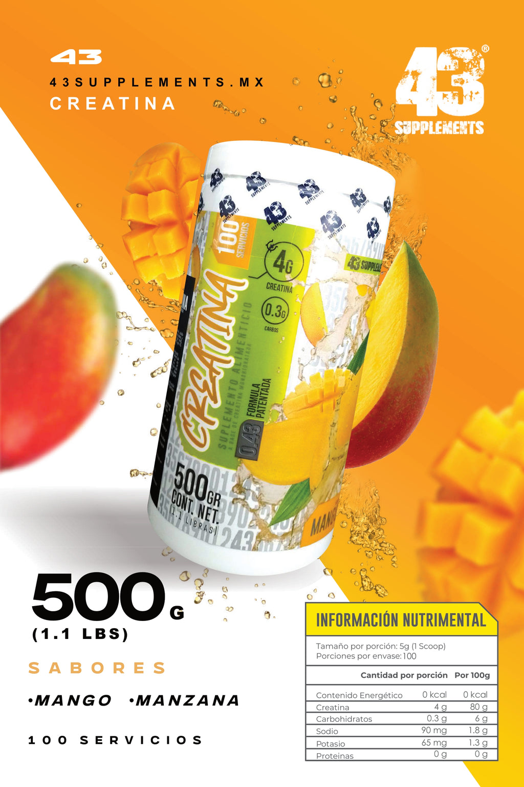 Creatina de Sabor 500 Gr 100 Servicios Alta Puereza